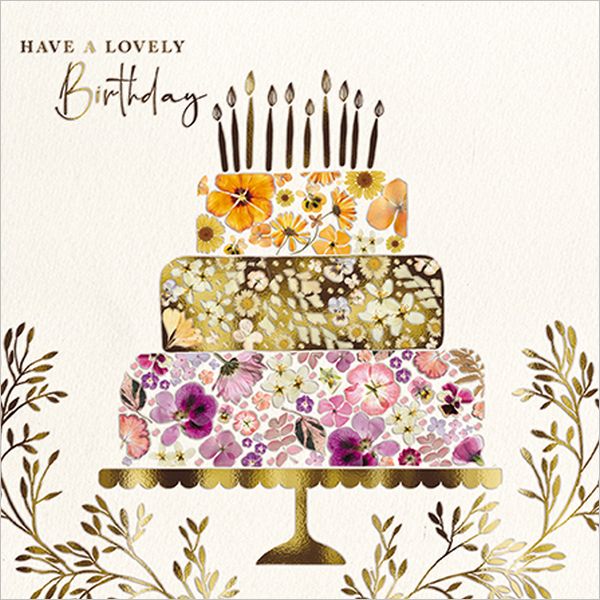 Embossed Card-Floral Tiered Cake on Gold Stand