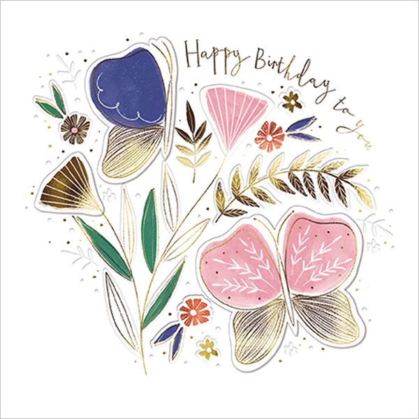 Embossed Card-Birthday Flowers And Butterflies