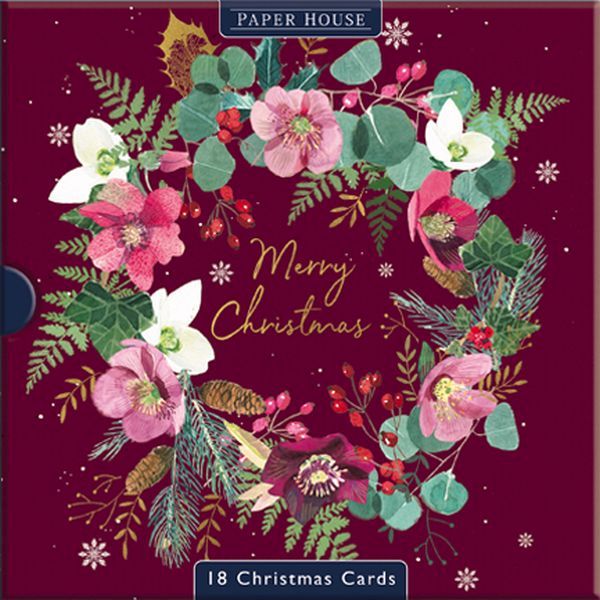 Boxed Card Park of 16 (2 designs)-Year In Garden Wreath & Foliage