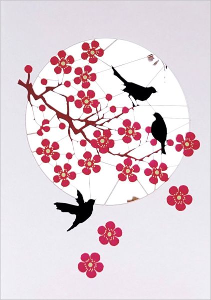 Laser Cut Card-Pink Blossom with Black Birds