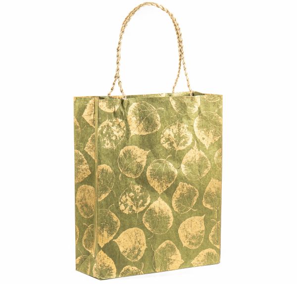 [GI-WBL-GSP283-35] Gift Bag Large-Leaves Gold On Olive