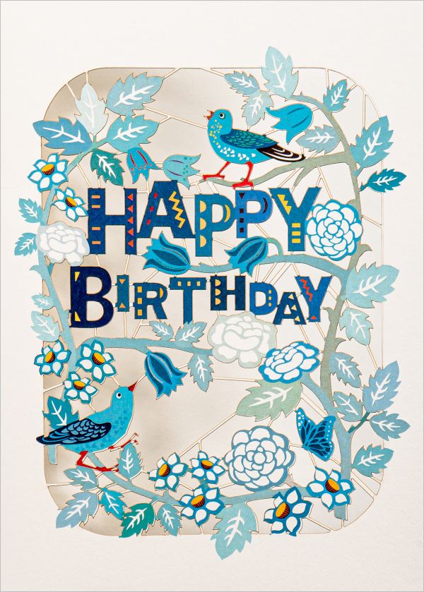 [FO-OS117] Laser Cut Card-Birthday Birds and Flowers Blue